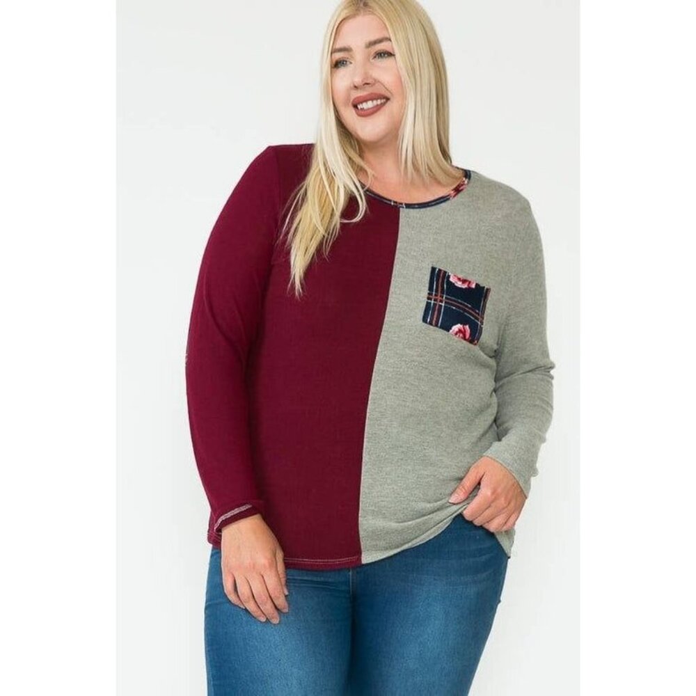 Color Block Long Sleeve T-Shirt With Floral Pocket 1X